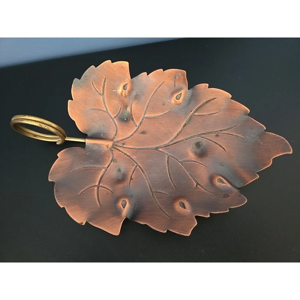 Copper Oak Leaf Bowl Trinket KEYS candy Coppercraft Guild USA Brass Ring Handle‎